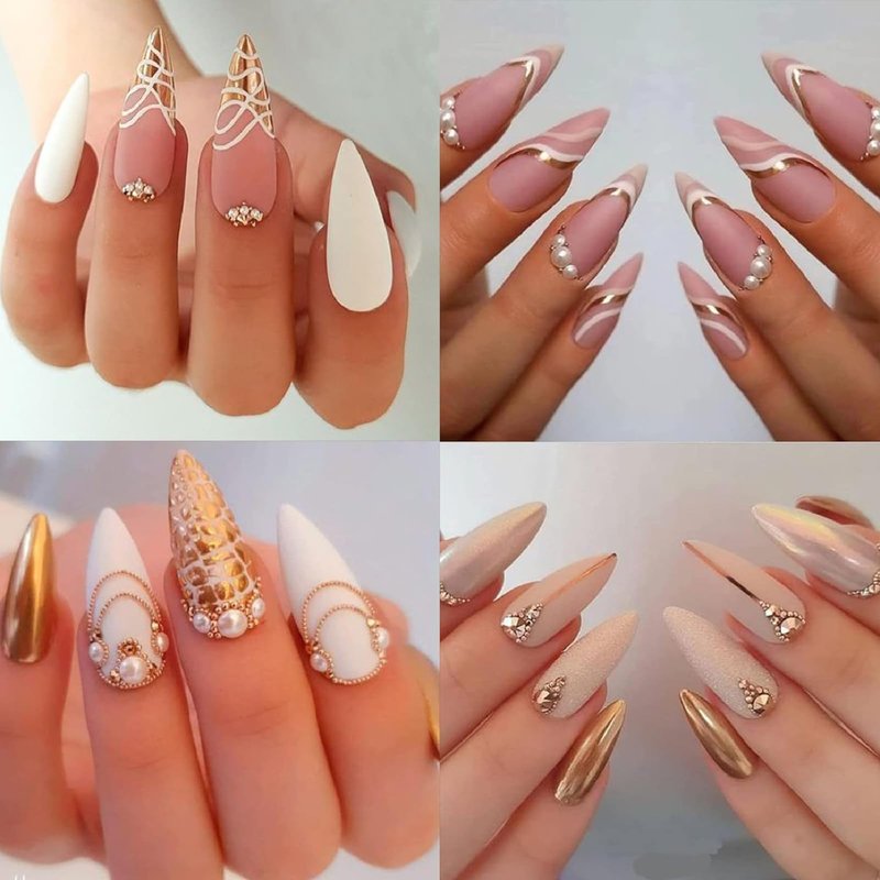 ITPOYOL Nail Art Pearls Flatback Pearls Nail Charms Metal Silver Gold Beads Luxurious Design Half Round White Beige Gems Jewelry Accessories for Women Manicure Decorations Supplies