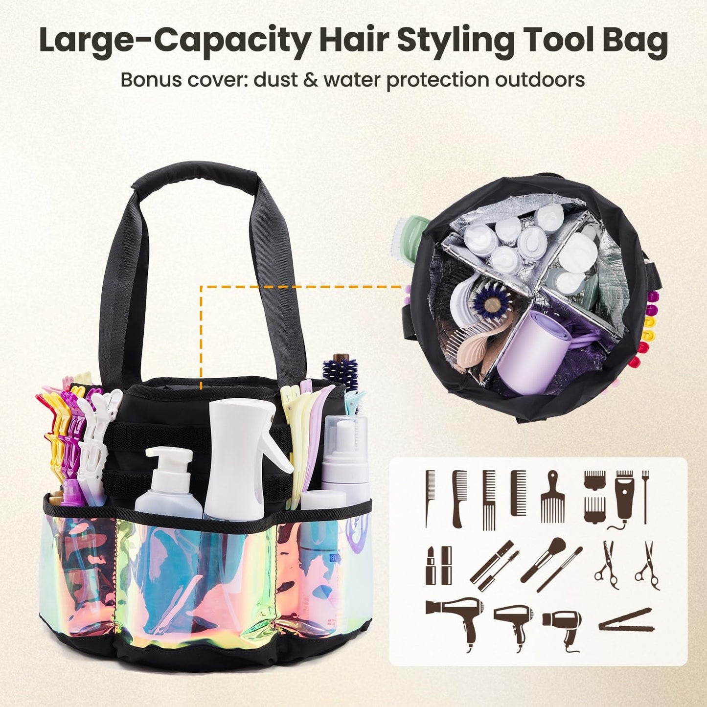 PUMHUBO Hairstylist Travel Bag, with Dust Cover, 11L Large Capacity, Heat-Resistant Interior, Iridescent Pockets, 24 Hook-and-loop Slots, Top Drawstring, Makeup & Pet Grooming Supplies Organizer