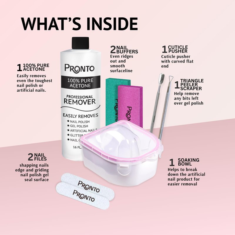 Pronto Gel Nail Polish Remover Kit - 16oz Pure Acetone, Nail Soaking Bowl & Manicure Kit Including Gel Nail Polish Tools, Nail File, Nail Buffer, Cuticle Pusher & Nail Scraper