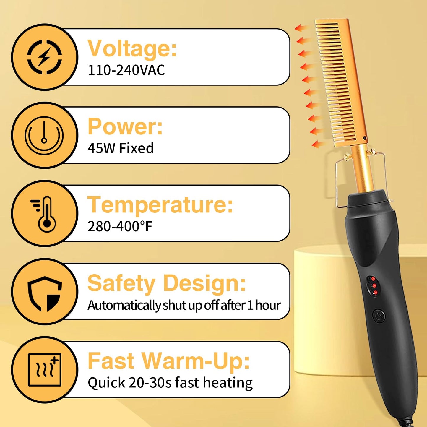 Hot Comb Hair Straightening Brush with Adjustable Settings, Fast Heating for Wigs and Black Hair, Professional Anti-Scald, Auto Shut-Off