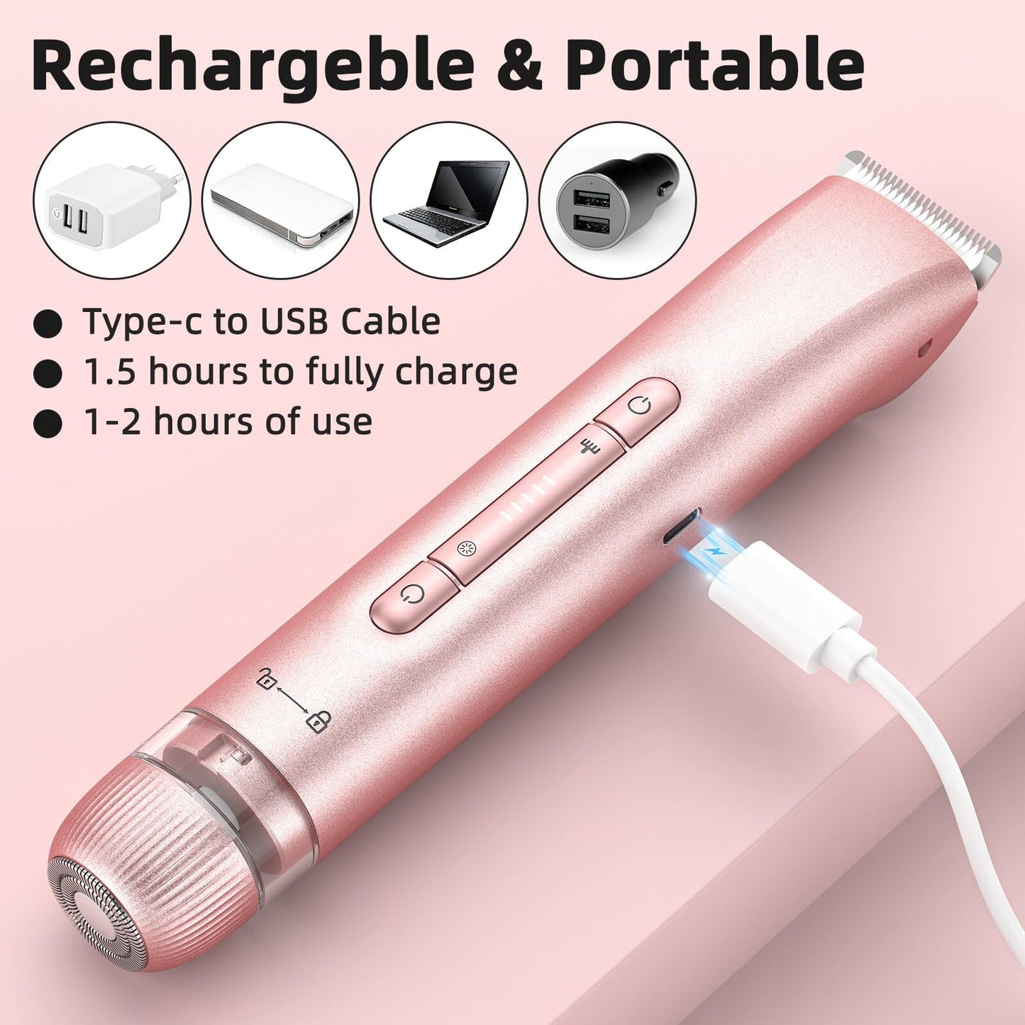 Bikini Trimmer for Women,Bikini Razor for Women Pubic Hair, 2 in 1 Wet & Dry Use Groomer,Painless Body Hair Trimmer for Face Legs Underarm Electric Shavers Razors Rechargable IPX7 Waterproof (Pink)