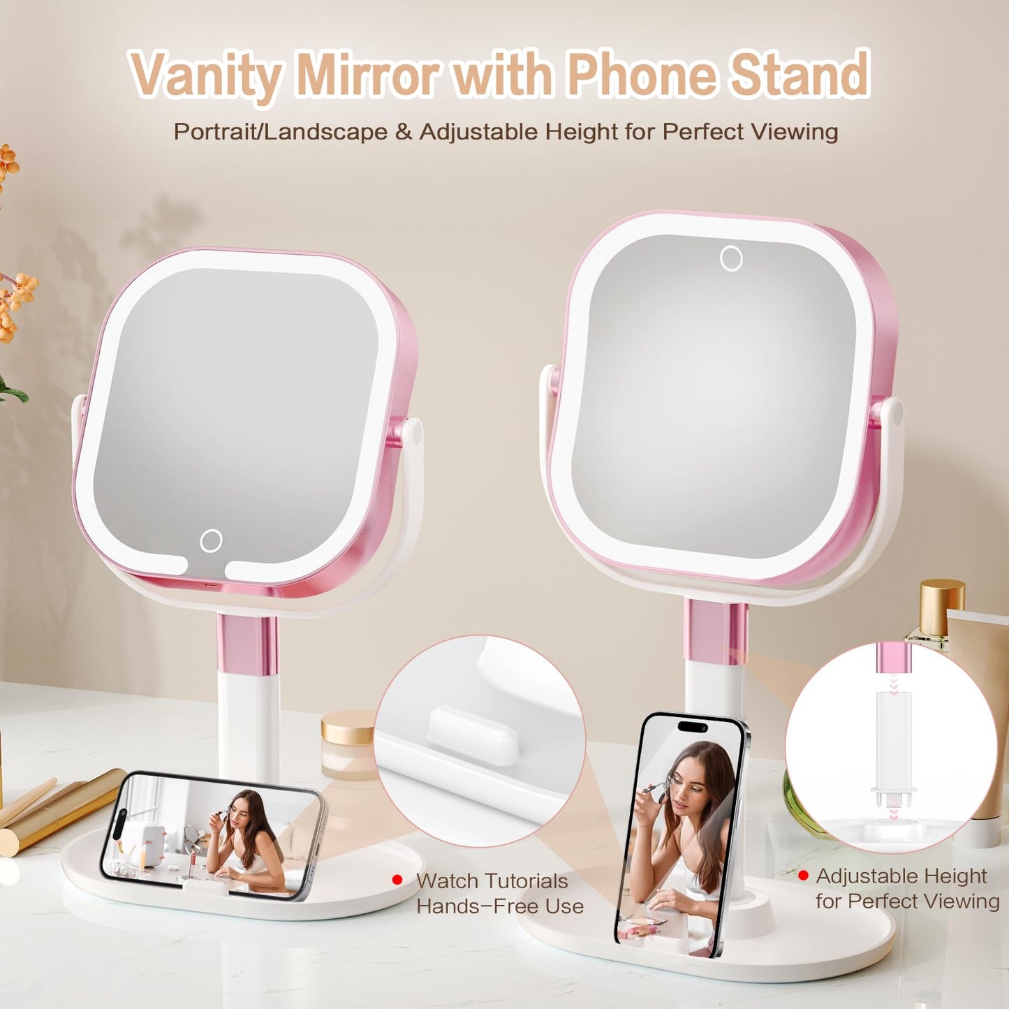 Rosivyphan Makeup Mirror with Lights, 1X/10X Magnifying Vanity Mirror with 3 Colors, 2000mAh Rechargeable Double Sided Magnifying Mirror, Height Brightness Adjustable, 360° Rotation Vanity