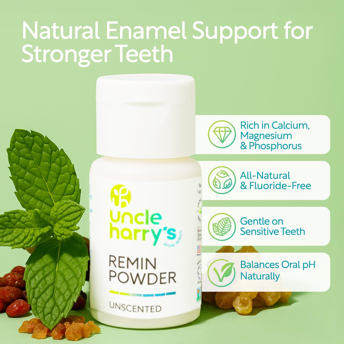 Uncle Harry's Unscented Remineralization Powder | All Natural Enamel Support for Sensitive Teeth | Powder for Strong Enamel (2 Pack, 1 oz)