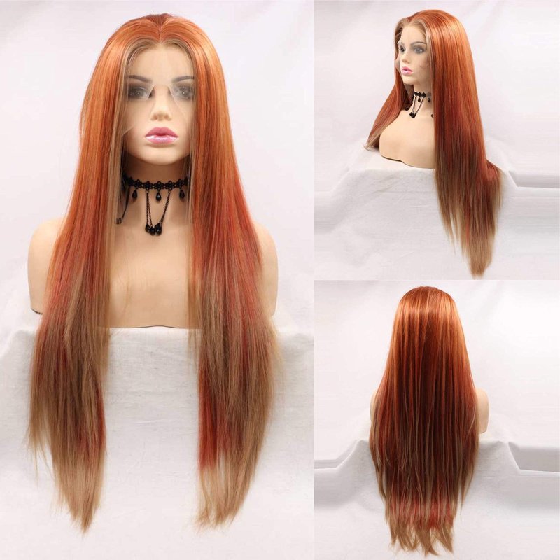 Xiweiya Wig Long Red Brown Wig with Blonde Synthetic Lace Front Wig Hightlight Long Soft Wig Silky Straight Hair Replacement Wig for Women, Drag Queen Makeup 24 inch