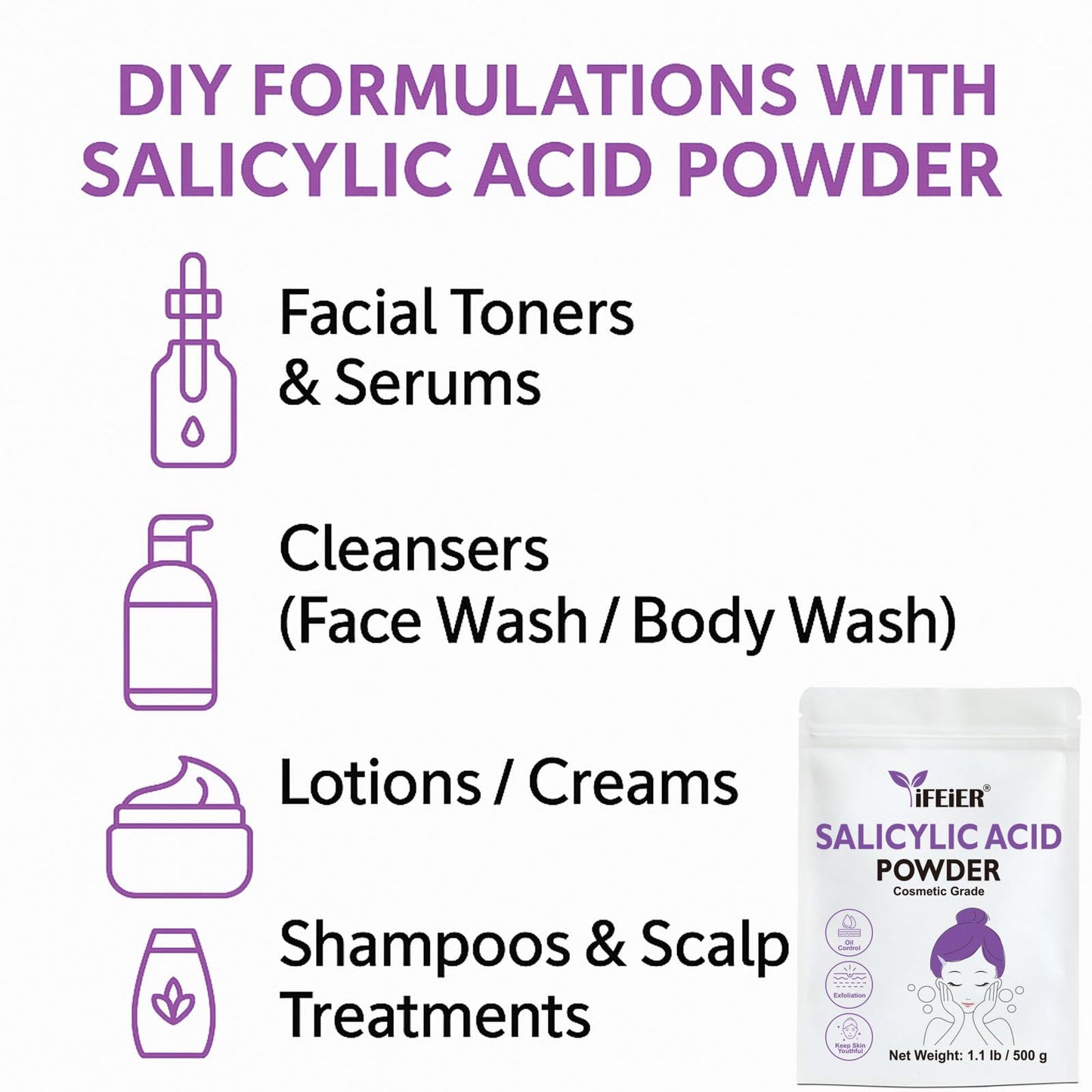 iFEiER Pure Salicylic Acid Powder | Cosmetic Grade Salicylic Acid 1.1 LB (500 g) | acido salicilico powder for DIY BHA Exfoliant, Hair & Industrial Use | Make Serum