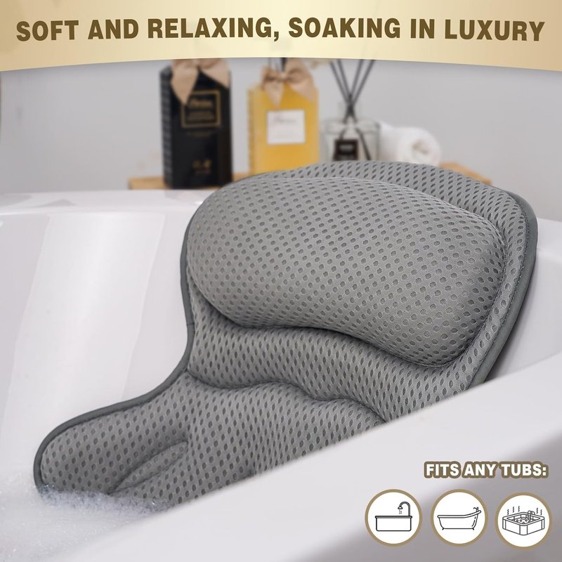 Luxury Bath Pillow - Extra Soft Bathtub Head & Neck Support | 4D Air Mesh Cushions, Non-Slip Suction Cups - Gray