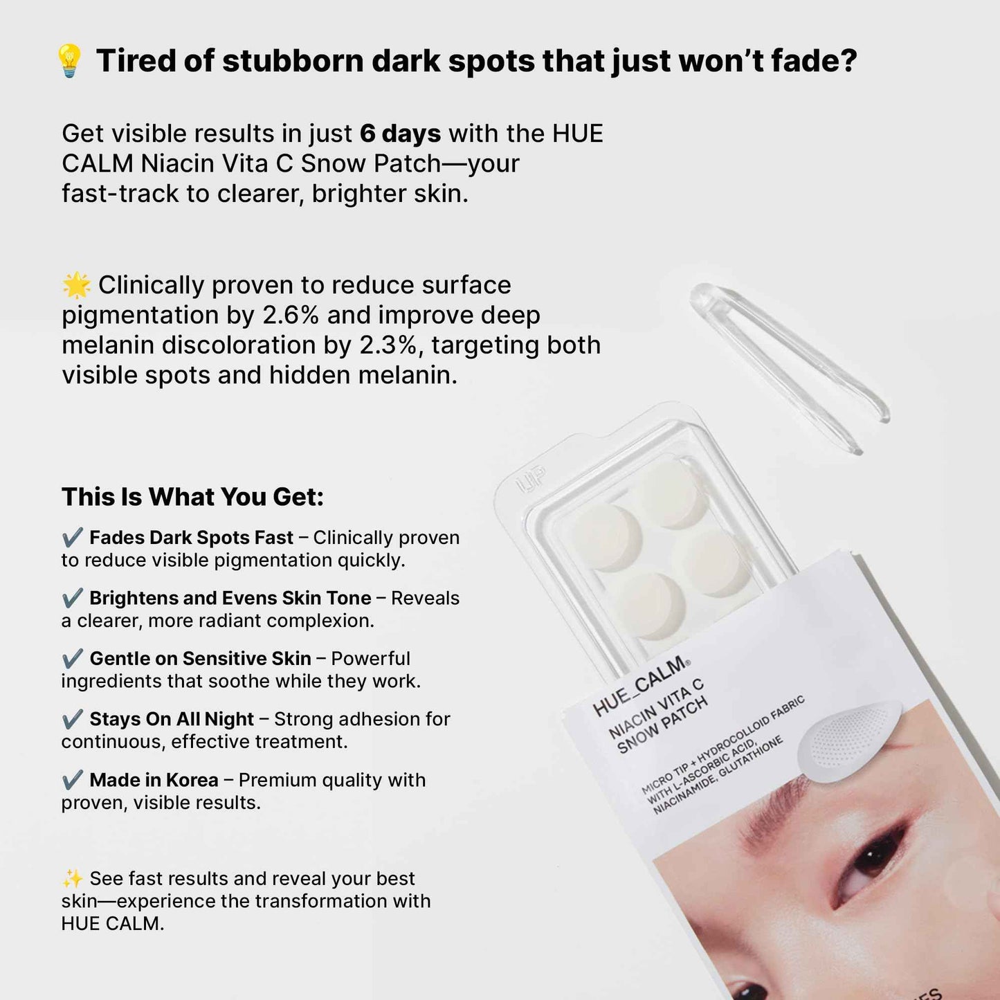 HUECALM Niacin Vita C Snow Patch - Fast Dark Spot Removal, Gentle & Effective Whitening Patch, High Adhesion & Long-Lasting Results, Dermatologically Tested, Korean Skincare