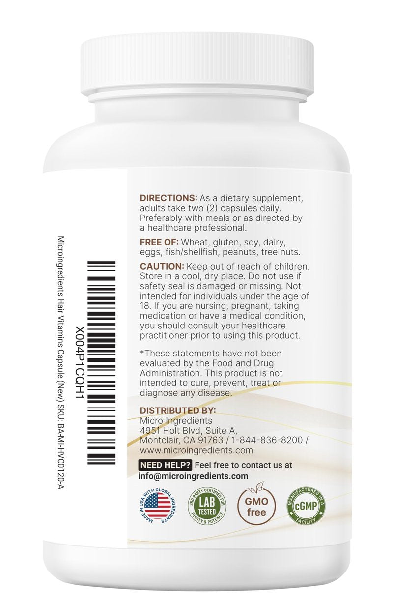 Micro Ingredients Hair Vitamins Complex, 120 Capsules | Hair Supplements for Women & Men with Hydrolyzed Collagen, Keratin, Methylfolate, Bamboo Extract, Vitamin C, Biotin, Saw Palmetto, & More