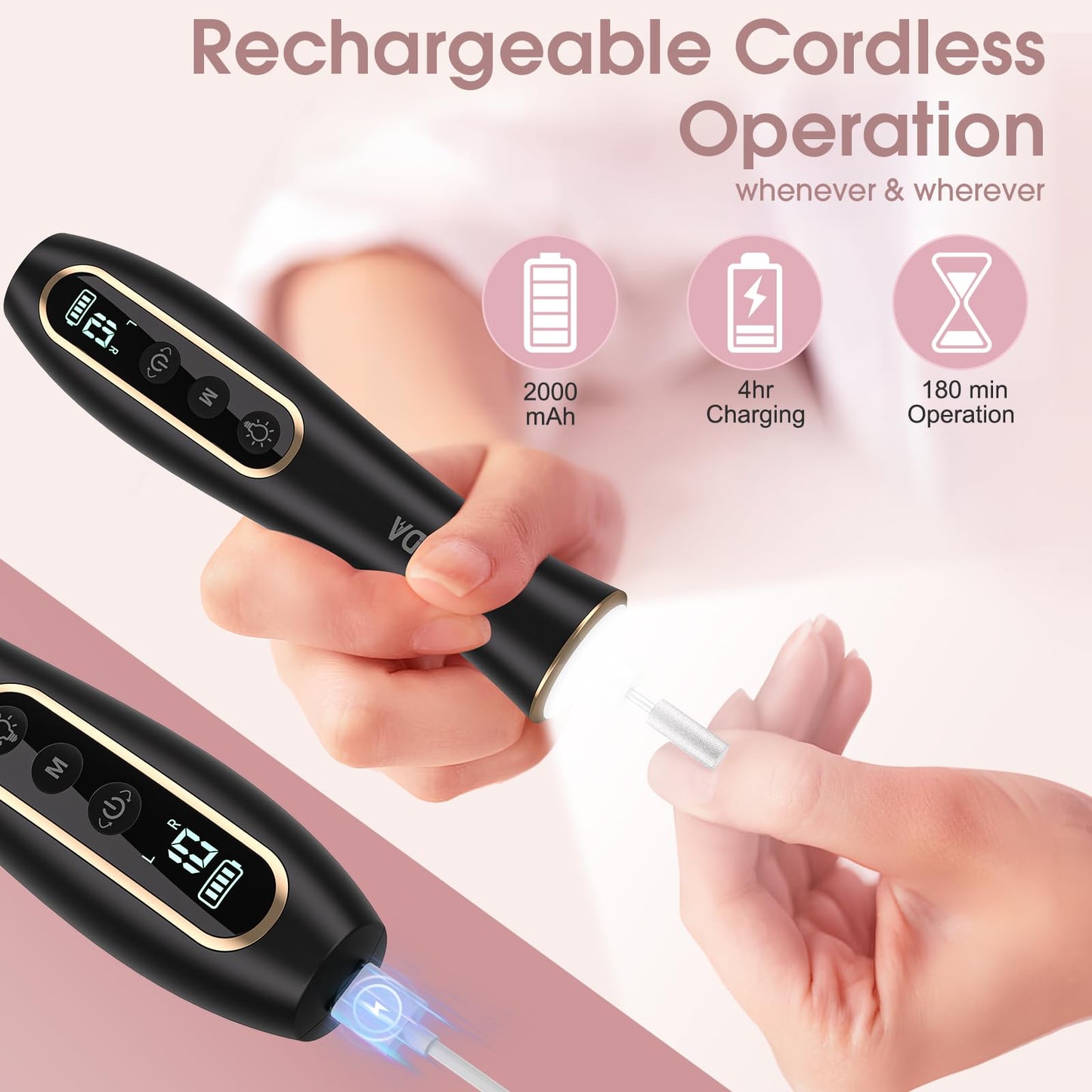 Professional Manicure Pedicure Kit with 360° LED Light&10 Speeds&Memory Mode with Case, Cordless Electric Nail Drill, Pedicure Tools for feet,Hand Foot Care Nail File for Thick Nail Toenail Cuticle
