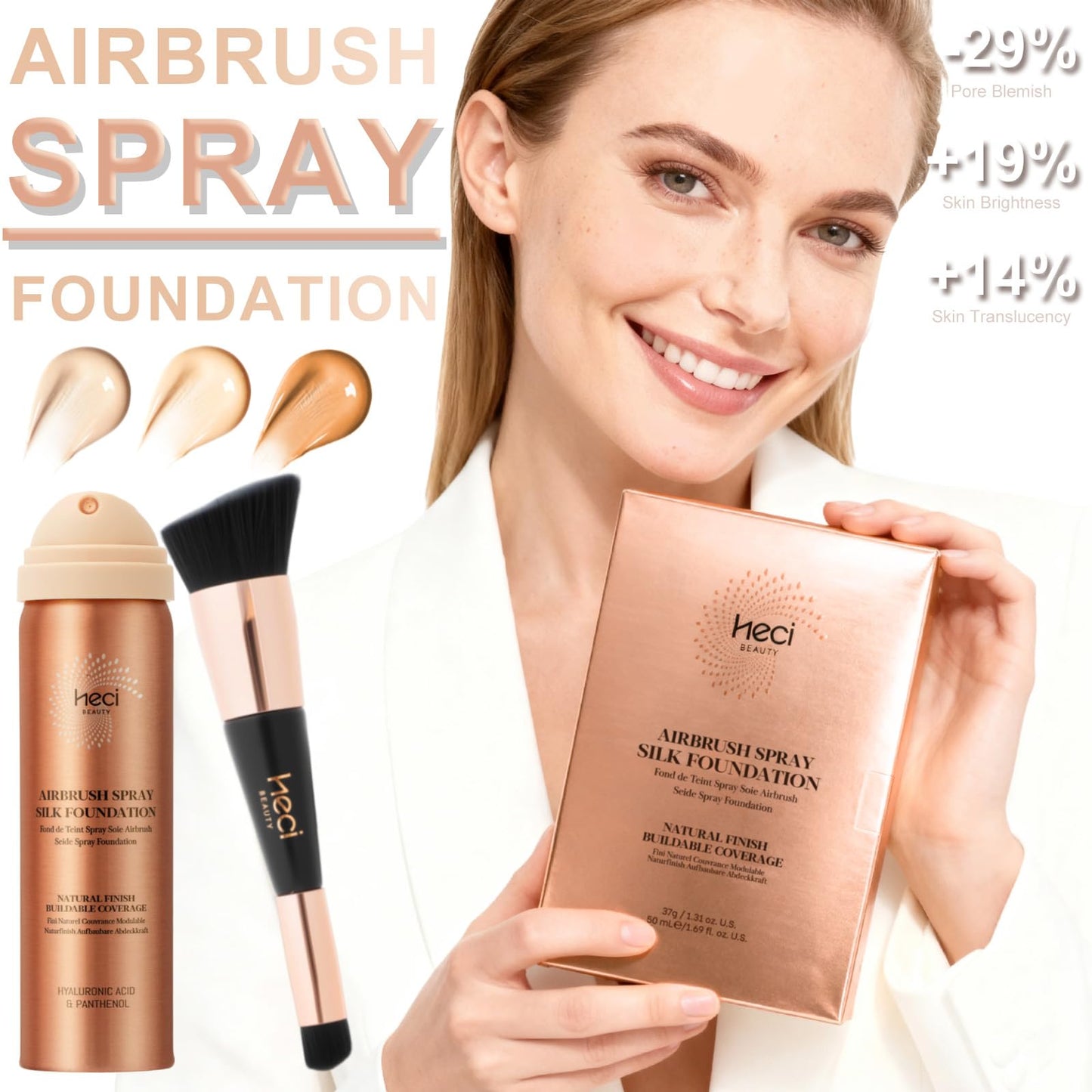 HECI BEAUTY Airbrush Foundation for Mature Skin, Silk Spray & Kabuki Brush Set, Flawless Finish, Anti-Aging Formula for Smooth Radiant Skin, Long Wear Lightweight Makeup,110 Light, 1.69 fl oz