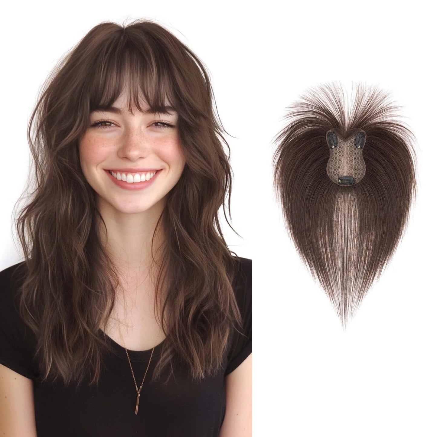 TESS Hair Toppers for Women Real Human Hair, 11Inch 360° 3D Cover Human Hair Topper with Bangs Clip in Hairpieces for Women Daily Wear Clip in Wispy Bangs Dark Brown