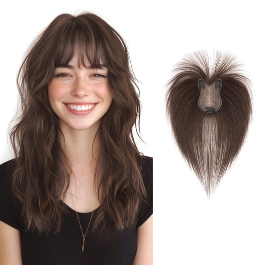 TESS Hair Toppers for Women Real Human Hair, 11Inch 360° 3D Cover Human Hair Topper with Bangs Clip in Hairpieces for Women Daily Wear Clip in Wispy Bangs Dark Brown