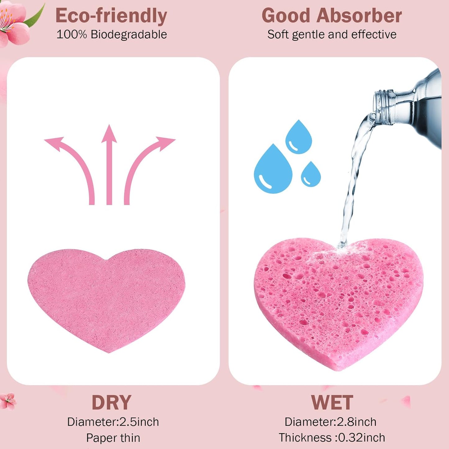 Heart Shape Facial Sponges - 300 Count Compressed Cleansing Pads | Natural Exfoliating for Estheticians (Pink)