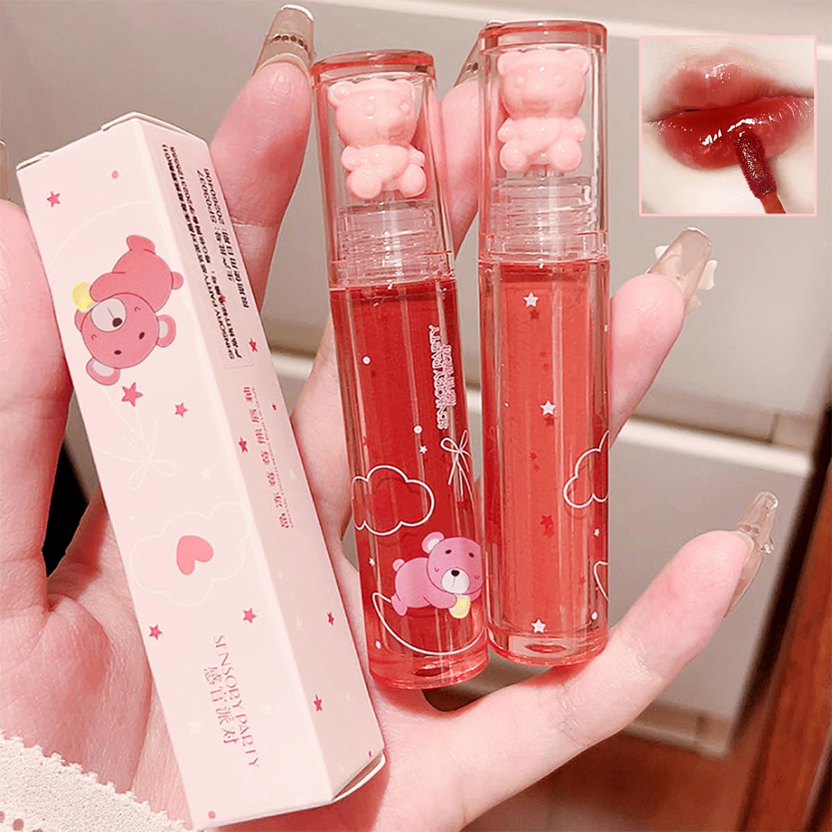 Baorder 4Pcs Bear Lip Glaze Hydrating Jelly Lip Gloss,Jelly Liquid Lipstick Cute Bear Lipgloss Moisturizing Lip Stain Plumping Water Lip Gloss Waterproof Long Lasting Cheek Rouge Tint Makeup (4, A)