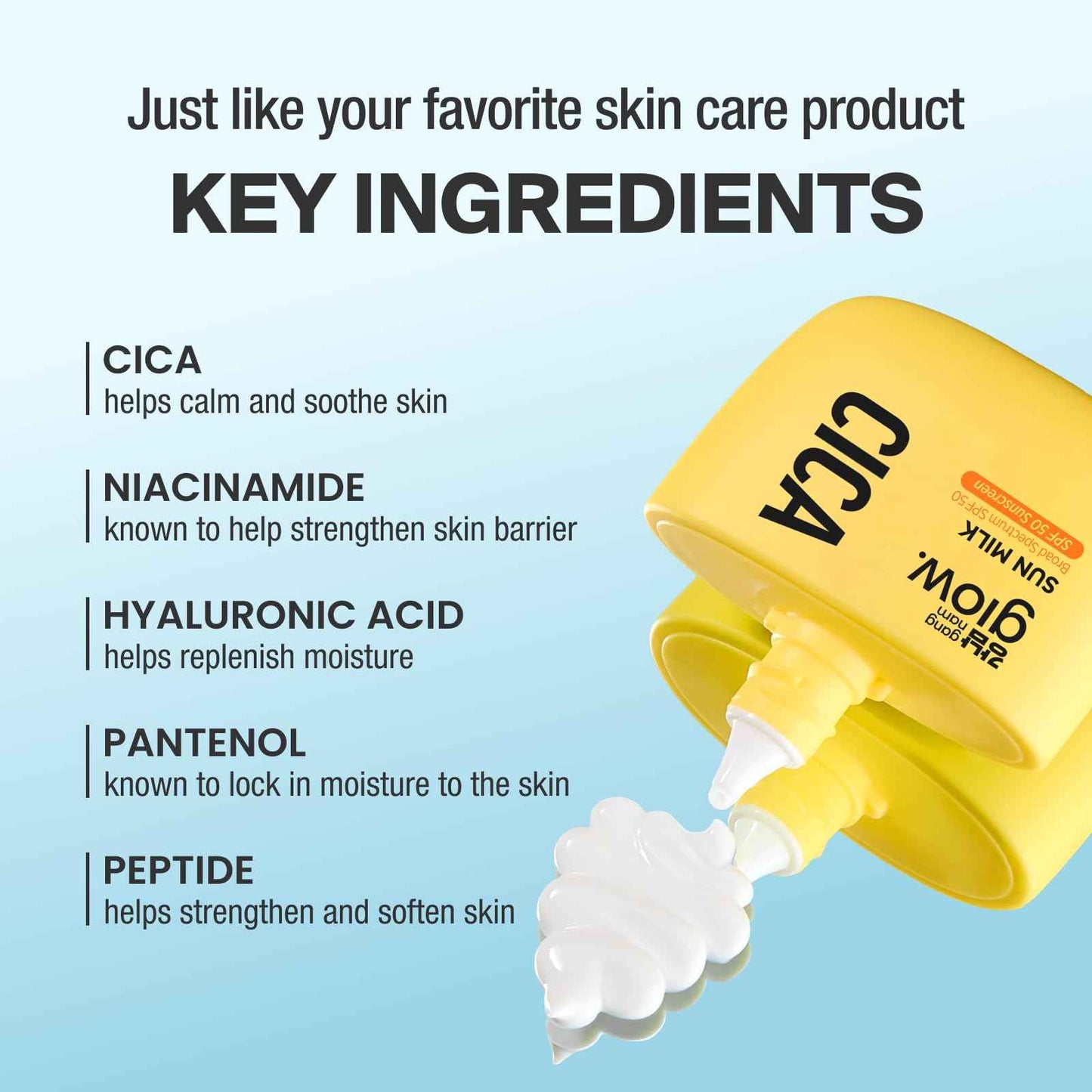 GANGNAM glow CICA SUN MILK, Moisturizer with SPF 50, Invisible Broad Spectrum Sunscreen for Face, No White Cast, Sun Protection with Cica and Niacinamide, Glow Natural Korean Sunscreen 1.69 fl.oz