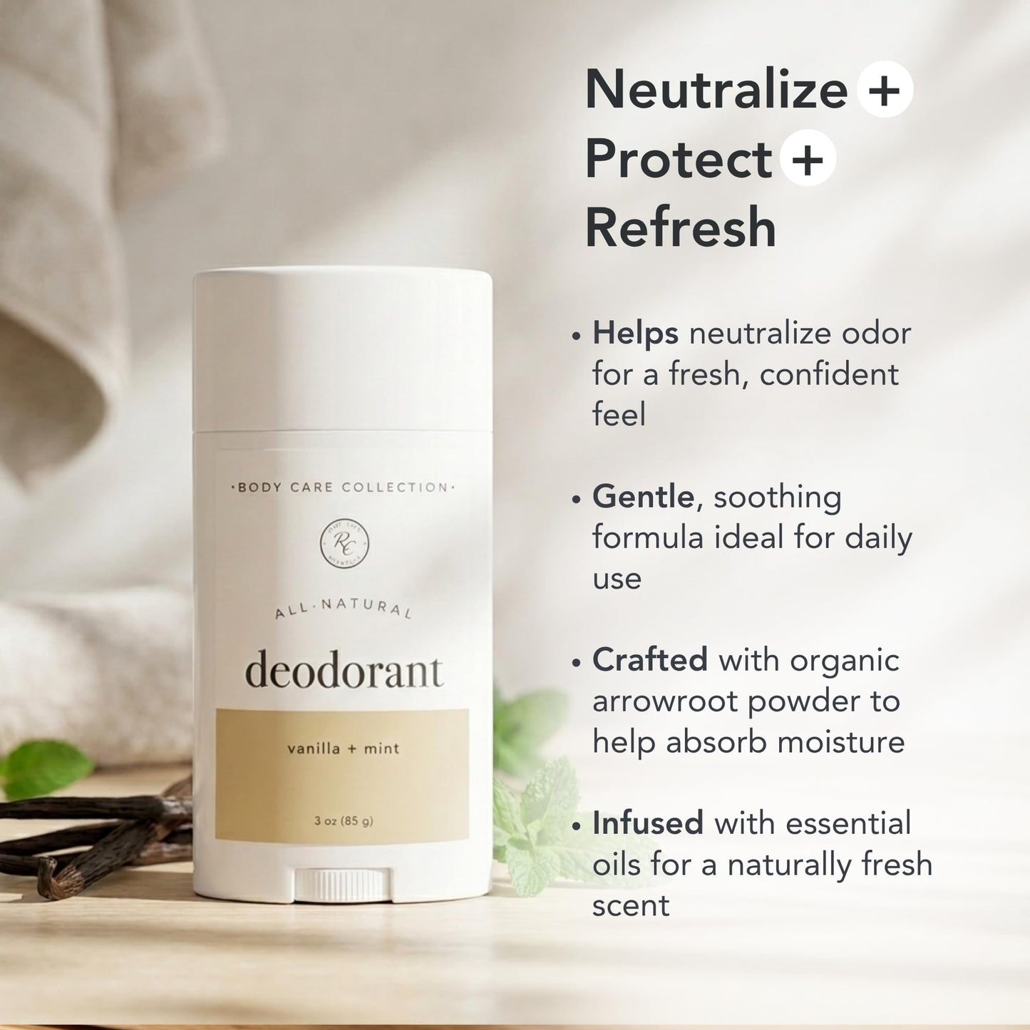 Rowe Casa Organics Vanilla + Mint Natural Aluminum Free Deodorant for Men and Women, Sweet and Refreshing Paraben-Free Deodorant Stick with Therapeutic-Grade Essential Oils, 2.75 oz