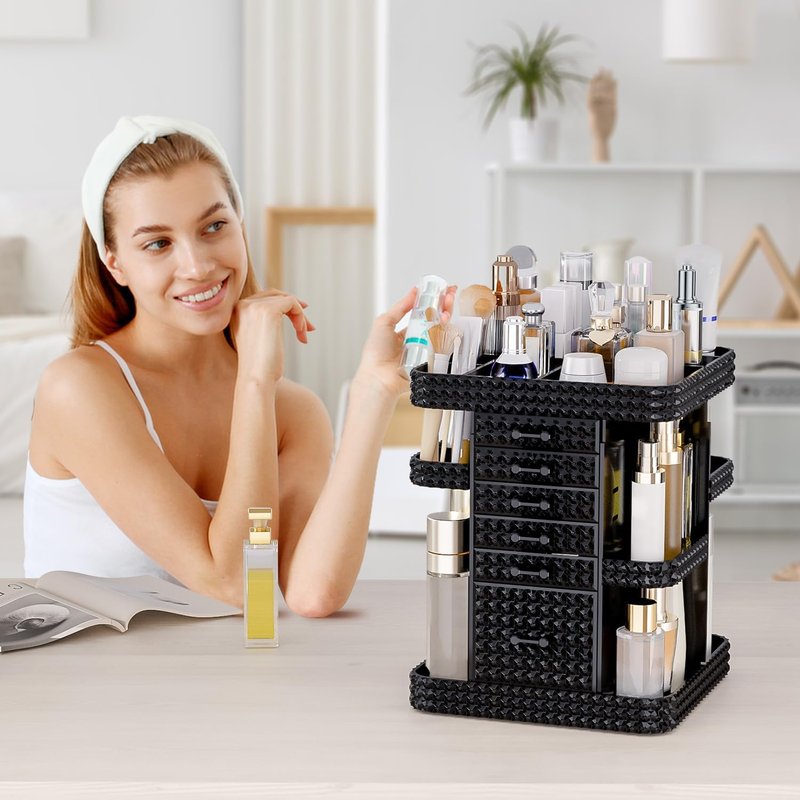 360 Rotating Makeup Organizer - Large Clear Acrylic Vanity Storage with 6 Drawers | Adjustable Spinning Cosmetic & Perfume Holder (Black)