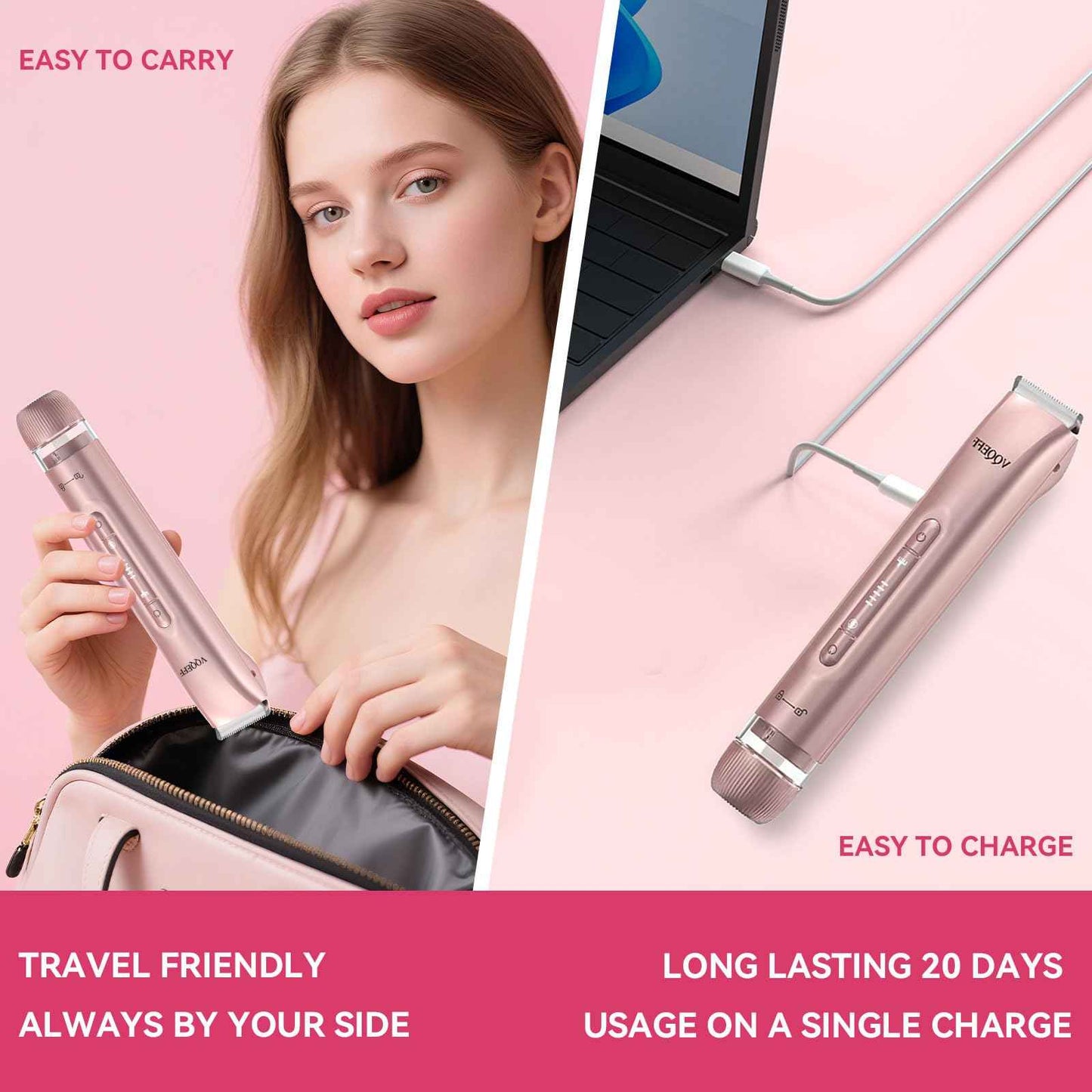 VQQEFF Bikini Trimmer for Women 2 in 1 Electric Razors IPX7 Waterproof Wet & Dry Use Womens Electric Razor Dual Head Shaver for Bikini Underarm Leg Arm Body Face, Pink