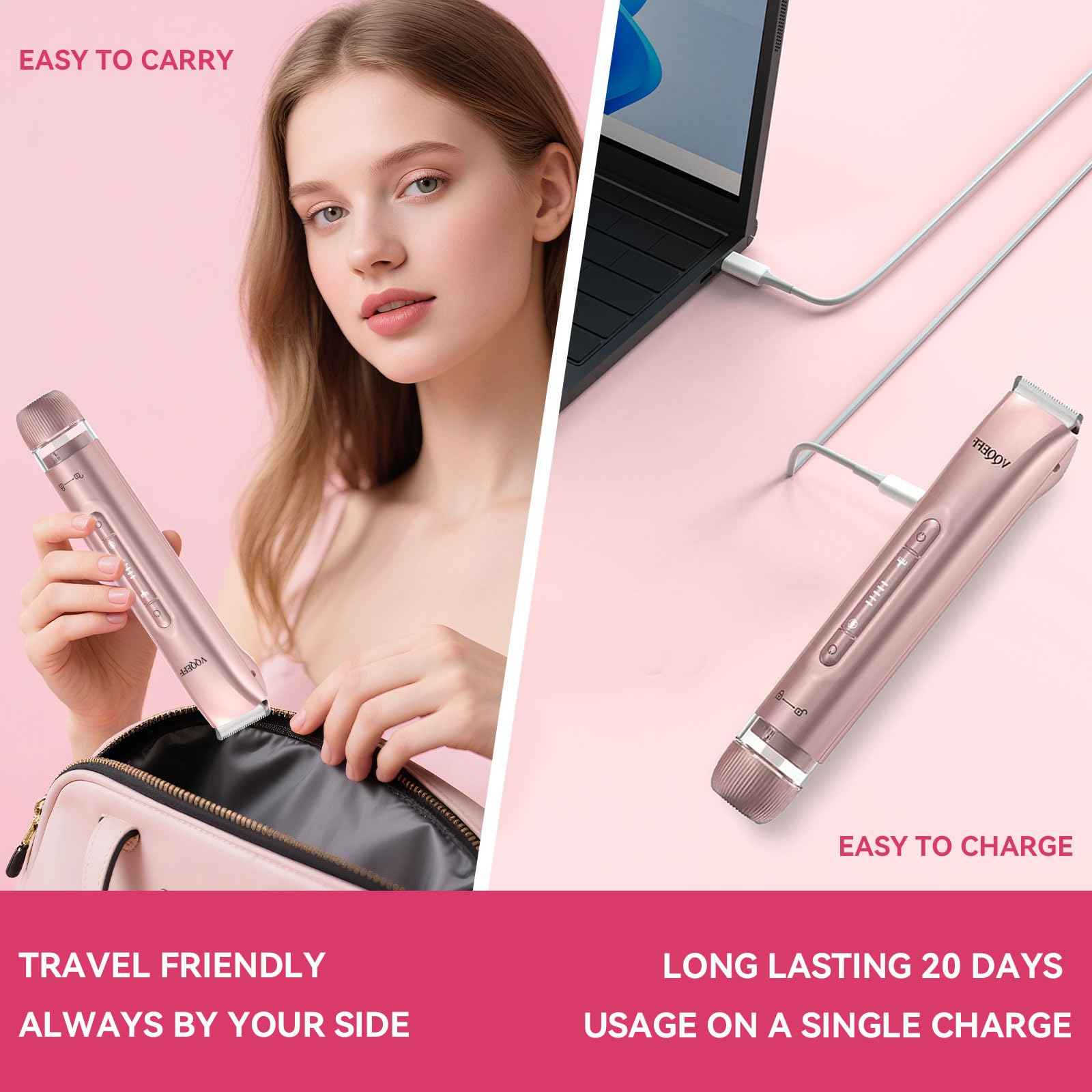 VQQEFF Bikini Trimmer for Women 2 in 1 Electric Razors IPX7 Waterproof Wet & Dry Use Womens Electric Razor Dual Head Shaver for Bikini Underarm Leg Arm Body Face, Pink