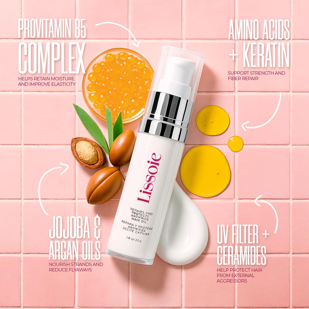 Lissoie Weightless Shine Hair Serum Oil 1 fl oz – Squalane, Avocado & Argan – 48-Hr Hydration, Frizz Tamer, Heat + UV Shield up to 450 °F – Non-Greasy, Paraben & Cruelty-Free Pump Dispenser