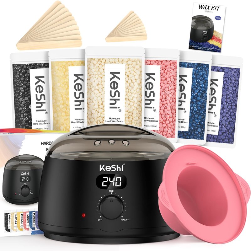 KeShi Waxing Kit for Women and Men, Digital Wax Warmer with 6 Bags Hard Wax Beads, at-Home Hair Removal Wax Kit for Full Body, Face, Eyebrow, Bikini, Legs, Brazilian Sensitive Skin