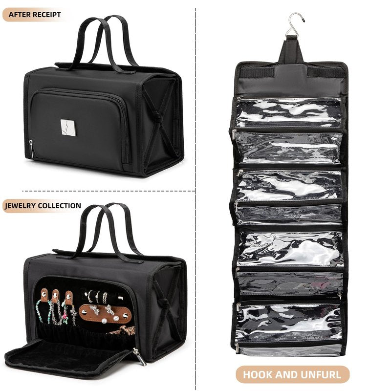 ROYALFAIR Roll Up Makeup Bag, Waterproof Toiletry Bag for Women, Hanging Travel Organizer bags with Jewelry Organizer Compartment, Extra Large 4 Clear TSA Approved Pouches Cosmetic Makeup (black)
