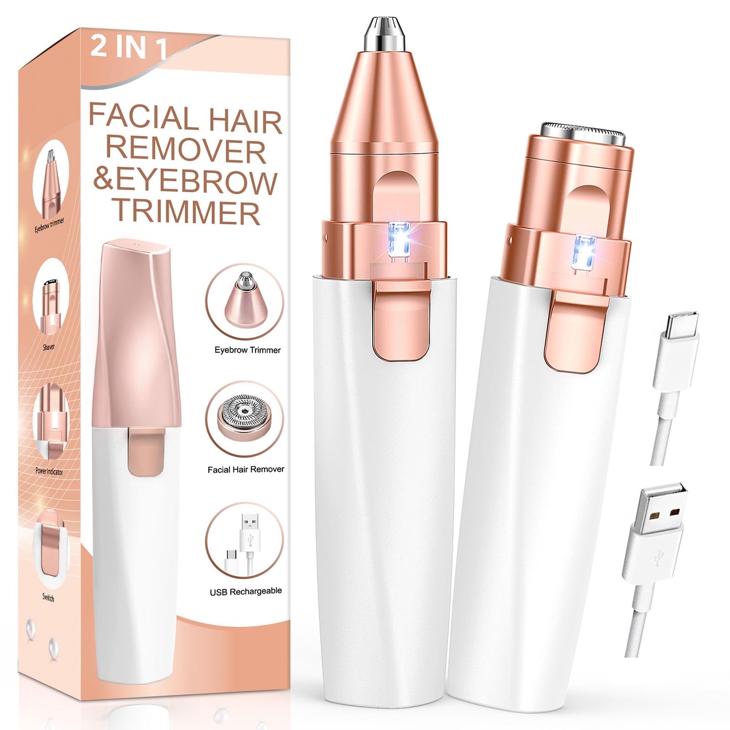 Eyebrow & Facial Hair Removal for Women: 2 in 1 Rechargeable Eyebrow Trimmer & Face Shaver, Painless Electric Facial Eye brow Razors Epilator with Built-in LED Light -Perfect for Face, Lips & Body