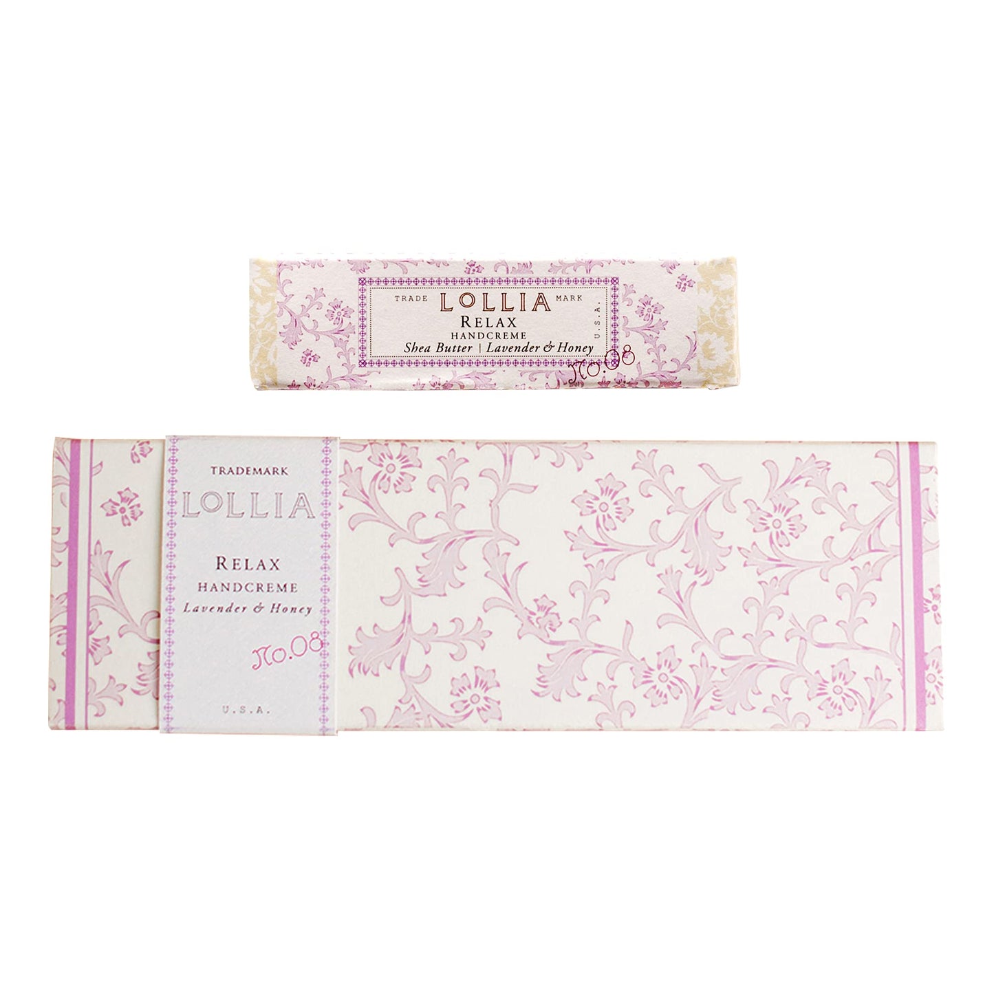LOLLIA Relax Handcreme Bundle, 4 oz. & .33 oz. – Lavender & Honey – Scented Hand Cream for Women, Moisturizing Hand for Dry Hands, Shea & Cocoa Butter, Quick Absorbing Lotion, Travel Lotion