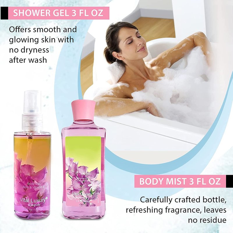 Vital Luxury Sweet Pea Bath & Body Kit, 3 Fl Oz, Ideal Skincare Gift Home Spa Set, Includes Body Lotion, Shower Gel, Body Cream, and Fragrance Mist, Birthday Mother's Valentine's Day Gifts for Her