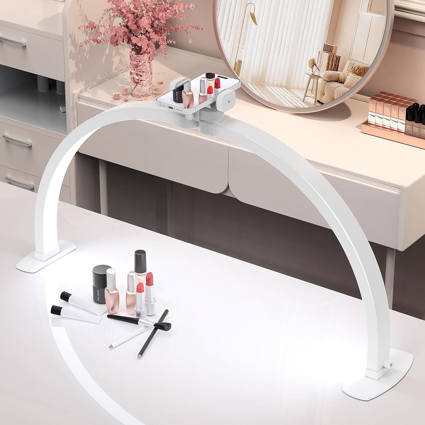 Foldable Large Half Moon LED Light - 29” Arch Table Light with Phone Stand for Nail Techs | White