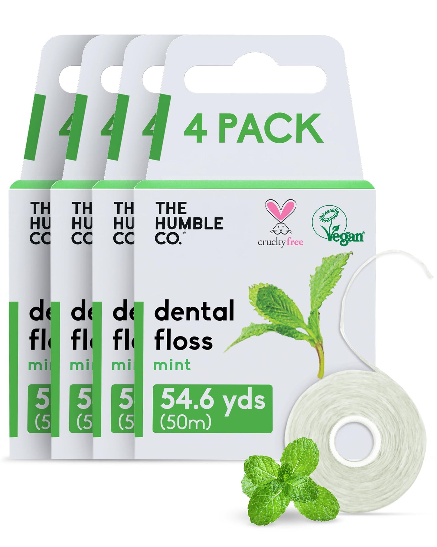 The Humble Co Mint Dental Floss, 4 Pack - Vegan Expanding Dental Floss for Adult & Kids - Non-Toxic, Thick Expandable Floss for Gum Health - Oral Care & Hygiene - 220 Yards