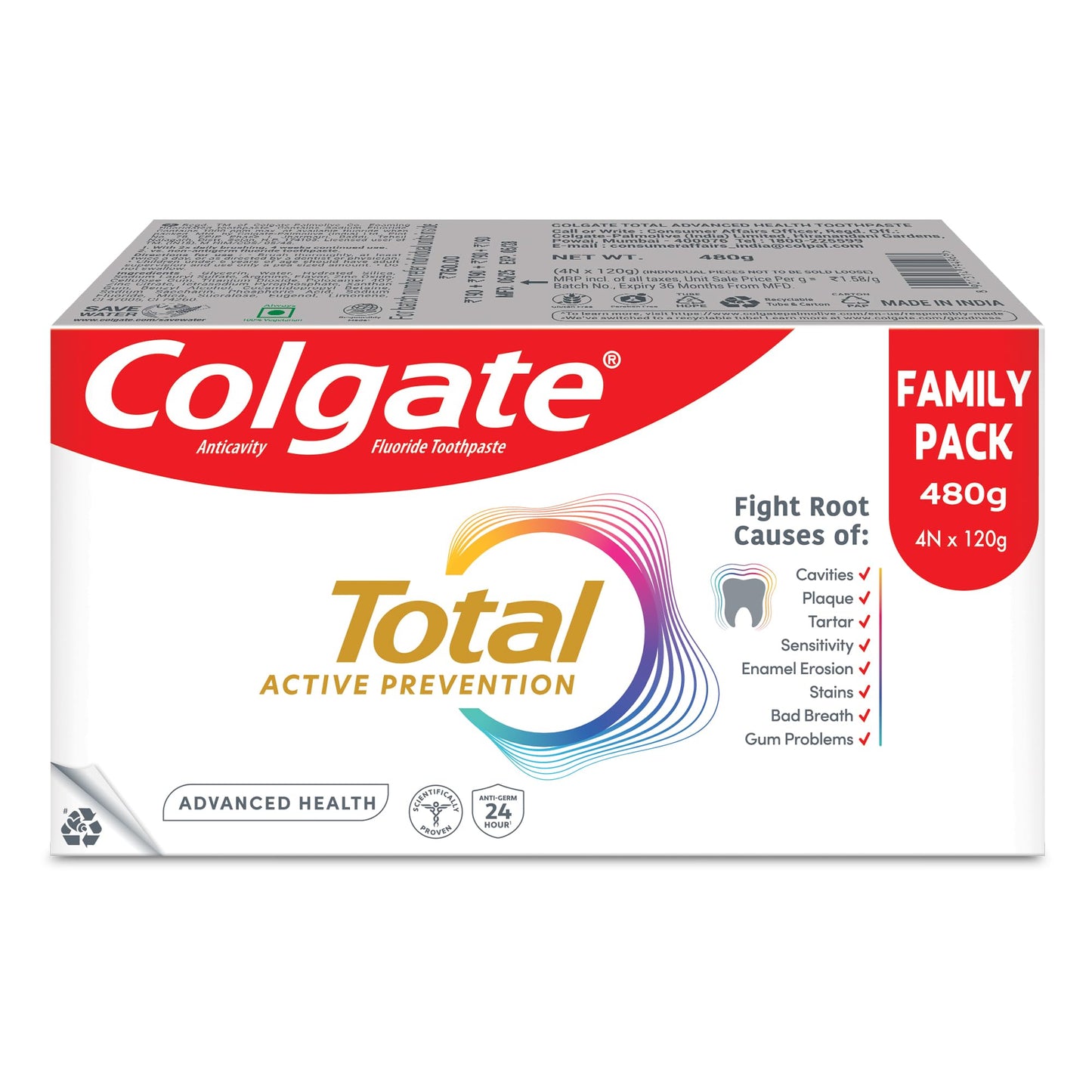 Colgate Total Advanced Health Toothpaste, Toothpaste with 12-Hour Protection, Whole Mouth Health Pack of 4 (120g/4.2oz x 4 = 480g/17oz)