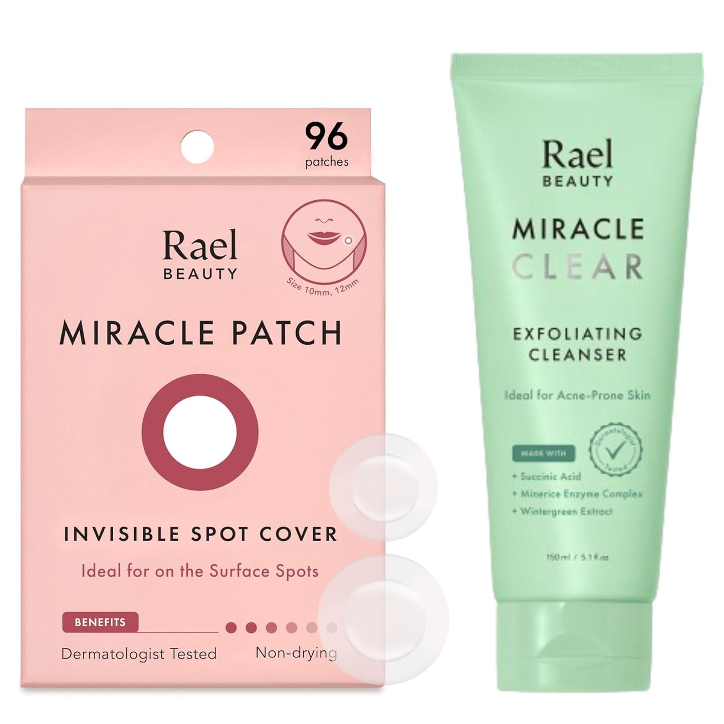 Rael Miracle Bundle - Invisible Spot Cover & Clear Exfoliating Cleanser | 96 Count & 5.1 fl. oz