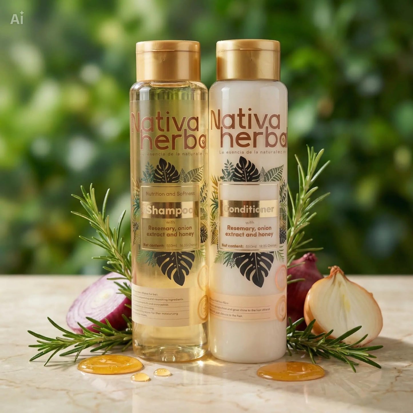 Nativa Herbal Rosemary and Onion Shampoo & Conditioner – Hair Growth and Anti Hair Loss Set, Organic 18.5 fl oz Each, Strengthens Roots, Restores Shine, Paraben Free Natural Hair Care