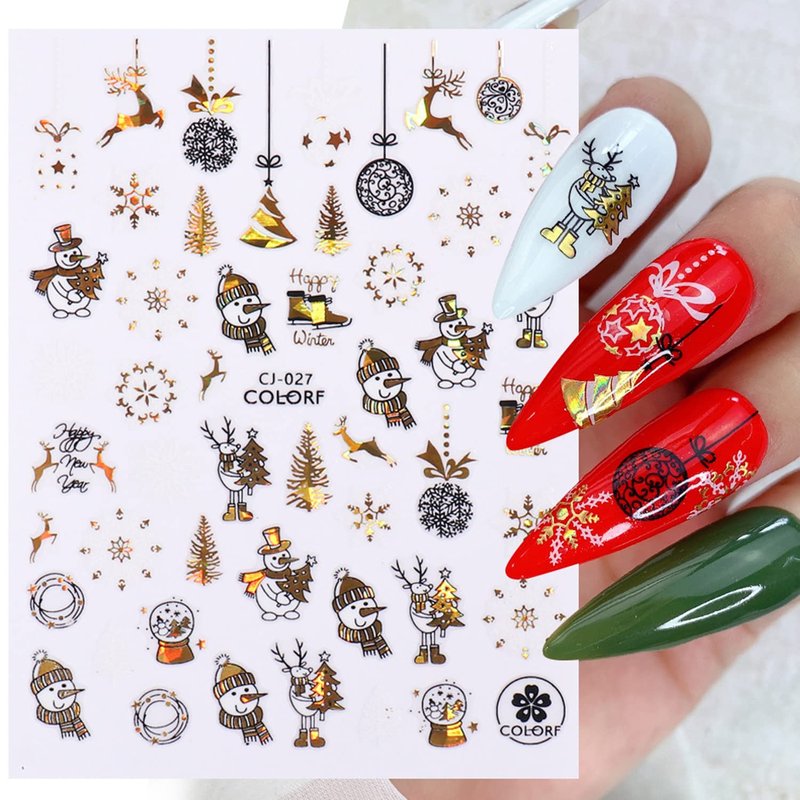 Gold Christmas Nail Art Stickers Decals, Holographic White Snowflake Nail Adhesive Sticker, Xmas Tree Snowflake Snowman Elk Santa Claus Nail Art Decal for Women Girls Manicure Holiday Decorations