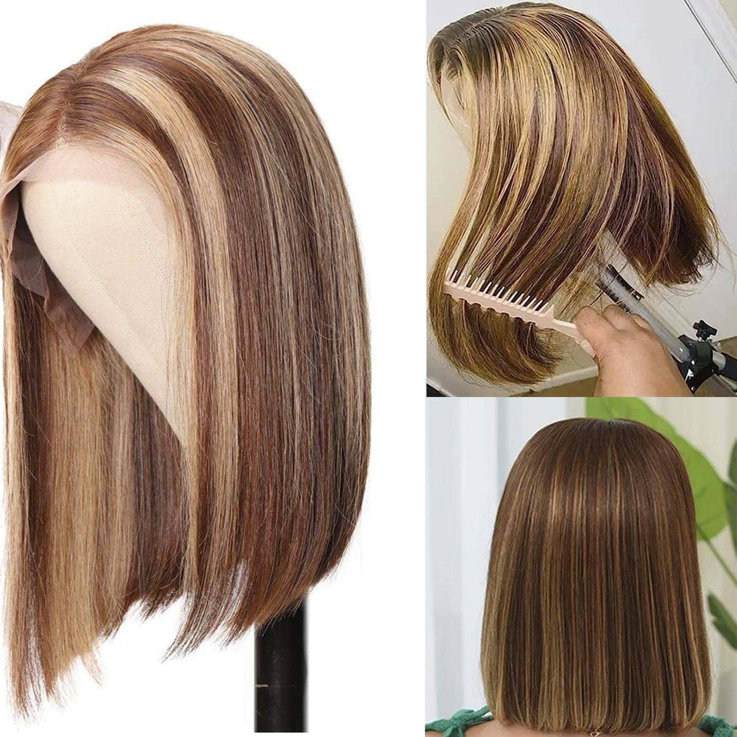 Hertune 8 inch Honey Blonde Bob wig Human Hair 4/27 Highlight Bob Lace Front Wigs Human Hair 180% Density 13x4 HD Frontal Lace Wigs Pre Plucked Ombre Color Short Straight Bob Wigs for Black Women