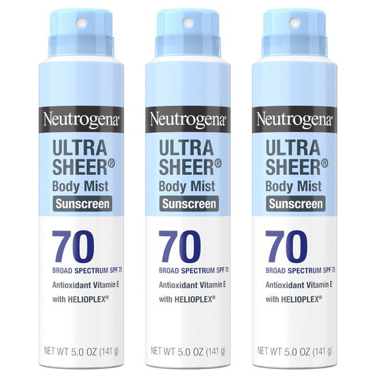 Neutrogena Ultra Sheer Dry Touch Sunscreen Spray SPF 70 Broad Spectrum UVA UVB Protection Lightweight Water Resistant up to 80 Minutes Oil PABA Oxybenzone Free, 3-pack of 5 oz