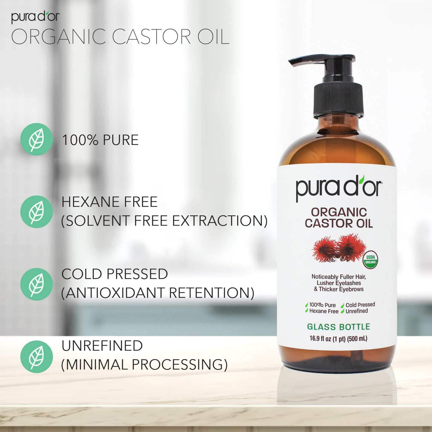 PURA D'OR ORGANIC Castor Oil (16.9 Oz GLASS BOTTLE) Pure Cold-Pressed Hexane-Free USDA Certified – Lashes Brows Hair Scalp Skin – Botanical Moisturizer for Softness Strength Hydration Shine Radiance