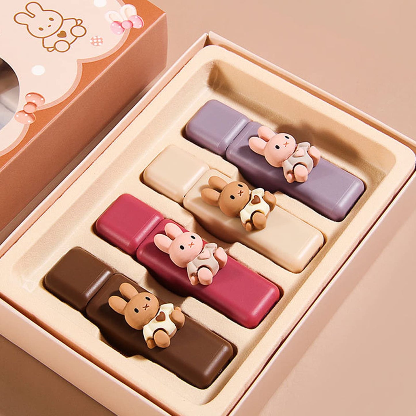 Domality 4pcs Bunny Rabbit Flavor Lip Gloss Set for Lips & Cheeks, 4 Colors Matte Velvet Mousse Liquid Lipstick, Soft Lightweight Smooth Lip Mud, Long Lasting Waterproof Lip Makeup Kit