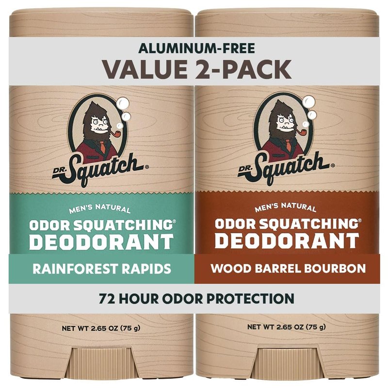 Dr. Squatch Natural Men's Deodorant - Aluminum-Free Charcoal & Postbiotics for 72-Hour Odor Protection | Rainforest Rapids & Wood Barrel Bourbon, 2.65oz Stick (2-Pack)