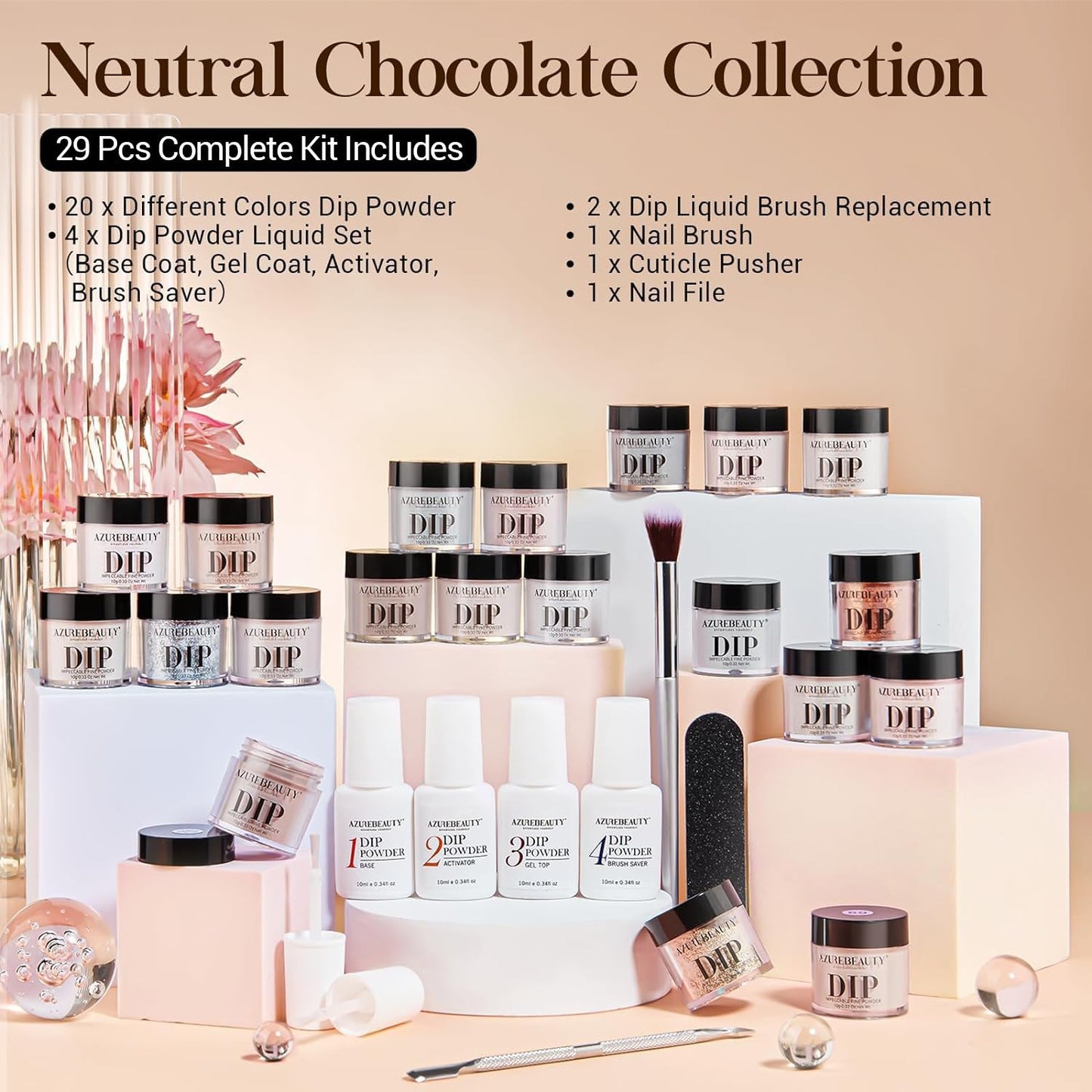 AZUREBEAUTY 29 Pcs Dip Powder Nail Kit - 20 Classic Brown & Nude Colors for Stunning Manicures | Includes Top/Base Coat