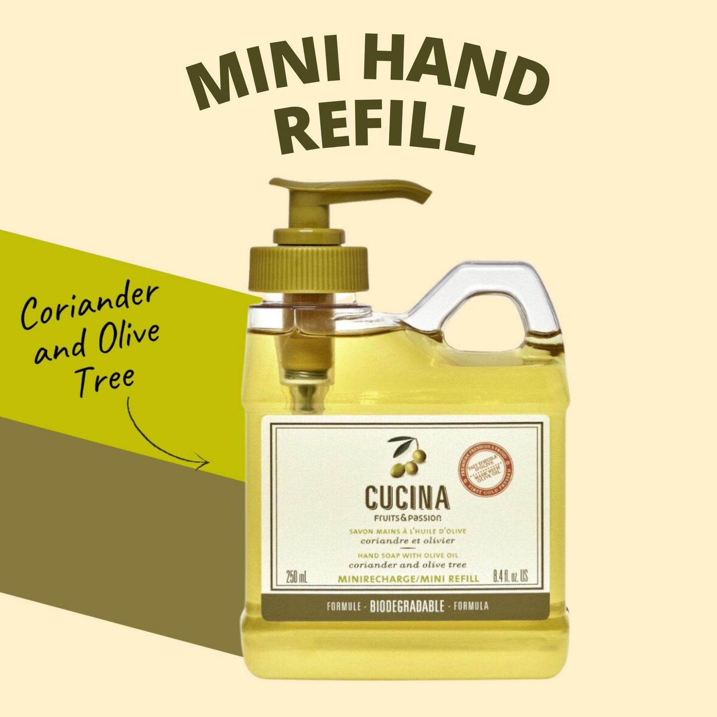 Fruit & Passion Cucina Coriander & Olive Mini Hand Soap Refill (250ml) and Nourishing Hand Cream (50ml) Holiday Gift Set Bundle
