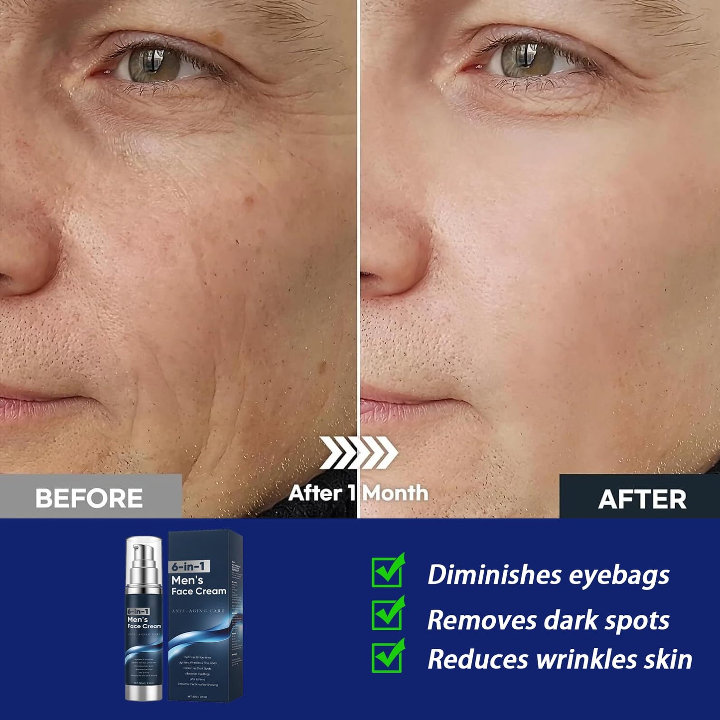 6 in 1 Face Cream for Men – Anti Aging Men’s Moisturizer with Collagen, Hyaluronic Acid and Shea Butter – Daily Skin Care – Reduce the Look of Eye Bags, Dark Circles and Puffiness – 1.76 fl oz (1)