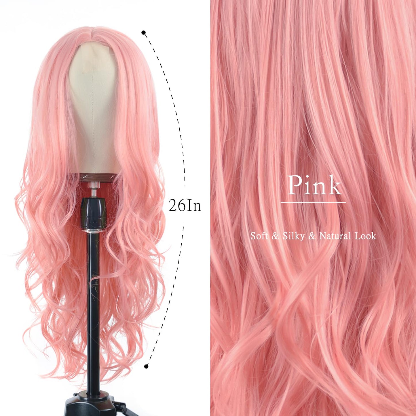 BrittyHair Pink Wigs for Women 26 Inch Long Pink Wavy Wig Natural Looking Middle Part Curly Wig Heat-resistant synthetic fiber wigs for Daily Wear Cosplay and Halloween