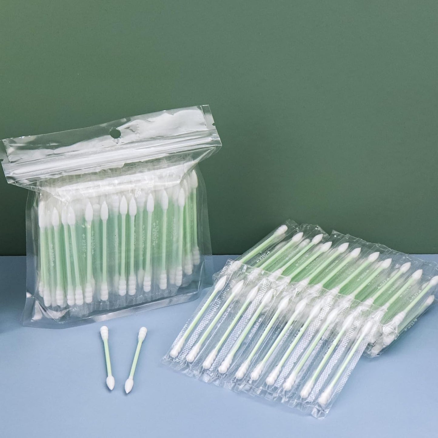 Individually Wrapped Cotton Swabs - 1000 Count Travel Swabs for Ear & Makeup | Green Spiral Pointed End