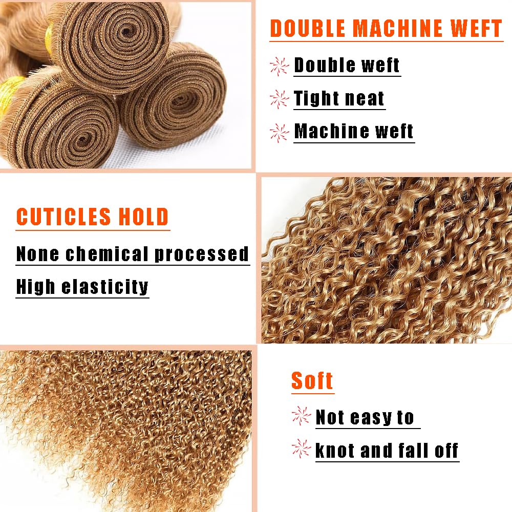 Honey Blonde Human Hair Bundles 16 18 20 Inch Kinky Curly Wave Bundles Human Hair Unprocessed Native Virgin Hair 100/PC 3 Extensions #27 Blonde Color Wet and Wavy Human Hair Extensions for Women