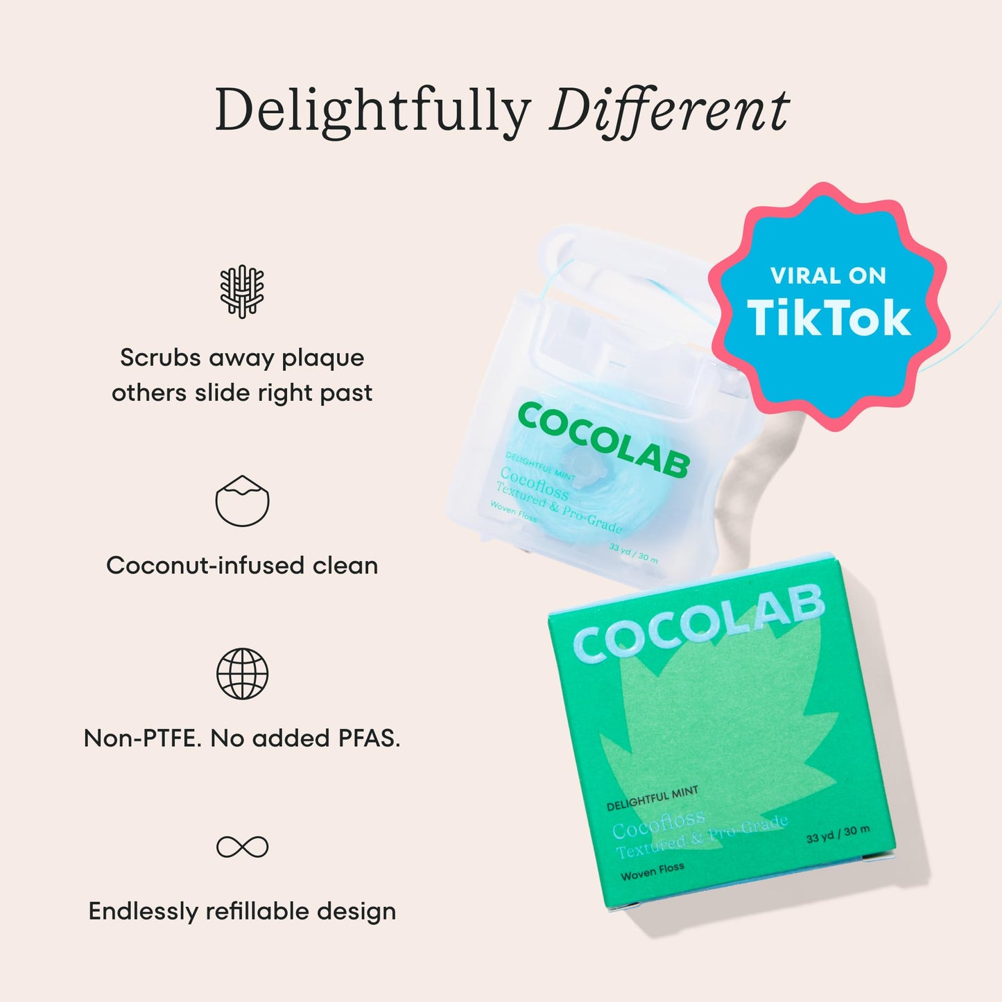 Cocofloss Expanding Woven Dental Floss by Cocolab, Waxed Tooth Floss for Daily Oral Care, Coconut Oil Infused, Vegan, for Adults and Kids, Mint Scent, 1 Pack