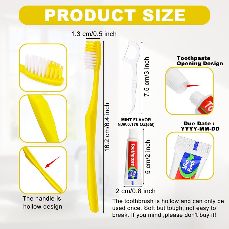 FAOEHN 200pcs Disposable Toothbrushes with Toothpaste and Floss,Yellow Bulk Single Use Toothbrush Floss Pick Individually Wrapped Disposable Travel Toothbrushes Kit for Homeless,Airbnb,Hotel,Guest