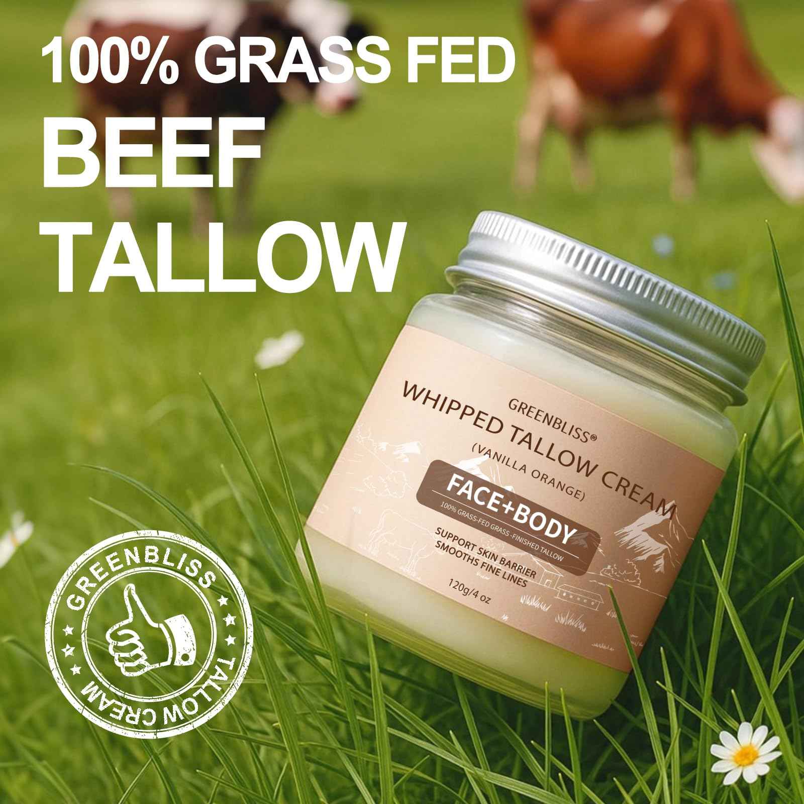 GreenBliss Beef Tallow for Skin Care 100% Organic Grass Fed tallow and honey balm - Face + Body, Whipped Moisturizer for Sensitive Skin, Natural Deep Hydration, Sensitive Skin Safe, 120G/4 FL. oz.