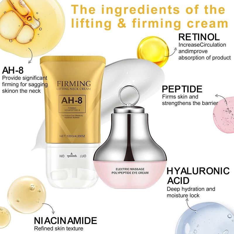 AH-8 Firming Neck Cream & Electric Massage Eye Cream Suit, Neck and Eye Tightening & Rejuvenating Set,Firming Smooth Fine Lines,Reduce Wrinkles & Deep Moisturizing Skincare,Day & Night Use(120g+50g)